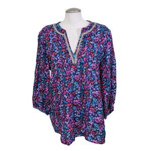 Charter Club Luxury Linen Tunic Top Womens XL Ditsy Floral Rhinestone Pintuck